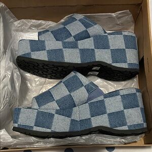 Dirty Laundry Blue Checkered Platform Mules